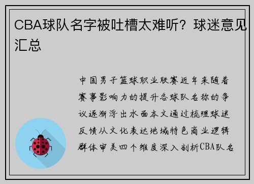 CBA球队名字被吐槽太难听？球迷意见汇总